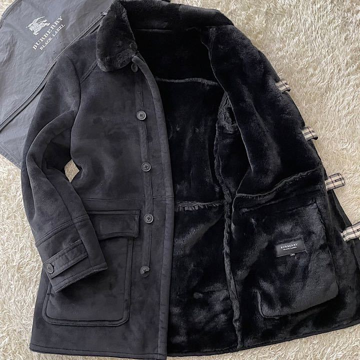 バーバリーブラックレーベル【圧倒的存在感】極美品 BURBERRY ムートンコート ノバチェック ファー ブラック 黒 M