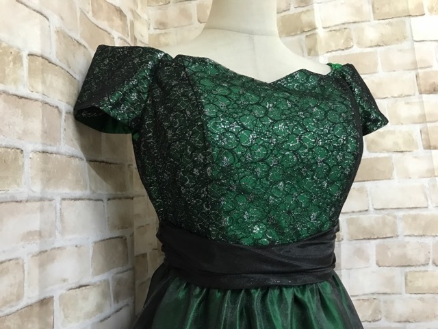 P30056○dress black 衣装 ロングドレス サテングリーン×ブラック 