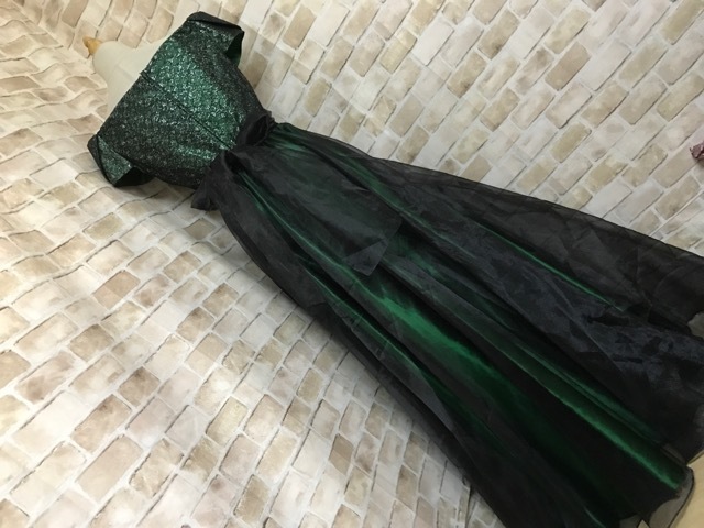 P30056○dress black 衣装 ロングドレス サテングリーン×ブラック 