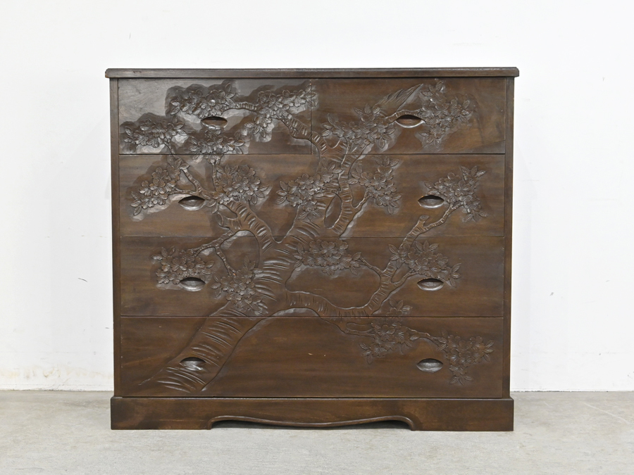 軽井沢彫 箪笥 ワードローブ 整理箪笥 昭和レトロ 伝統工芸品 アンティーク 桜 長野県 伝統工芸品 軽井沢彫り 桜 彫刻 4杯抽斗 時代箪笥/整理箪笥