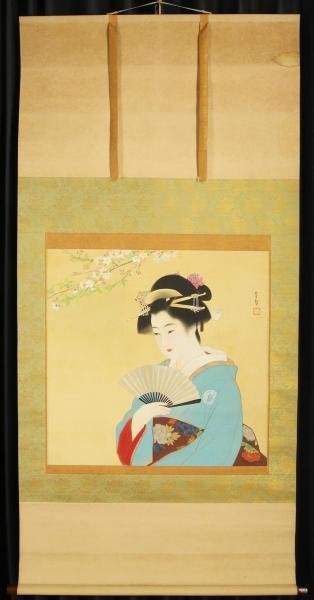 真作】【WISH】横尾芳月 日本画 金泥仕様 掛軸 絹本 大幅 ◇和美人名幅