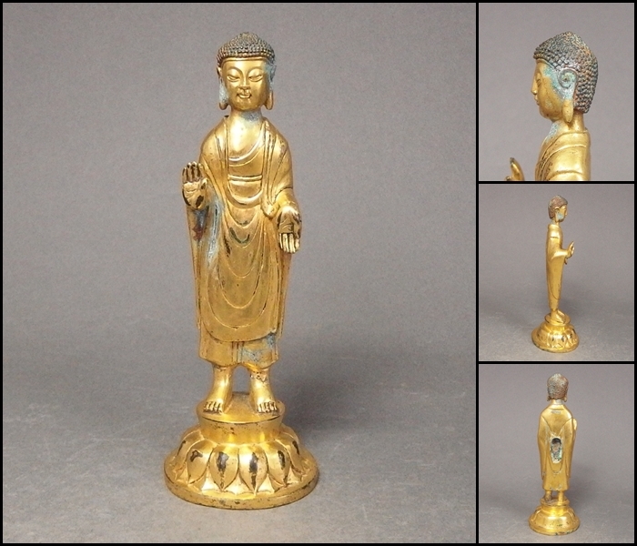 221206③】六朝時代 古銅鍍金釈迦如来立像 仏像 中国仏教美術朝鮮仏教