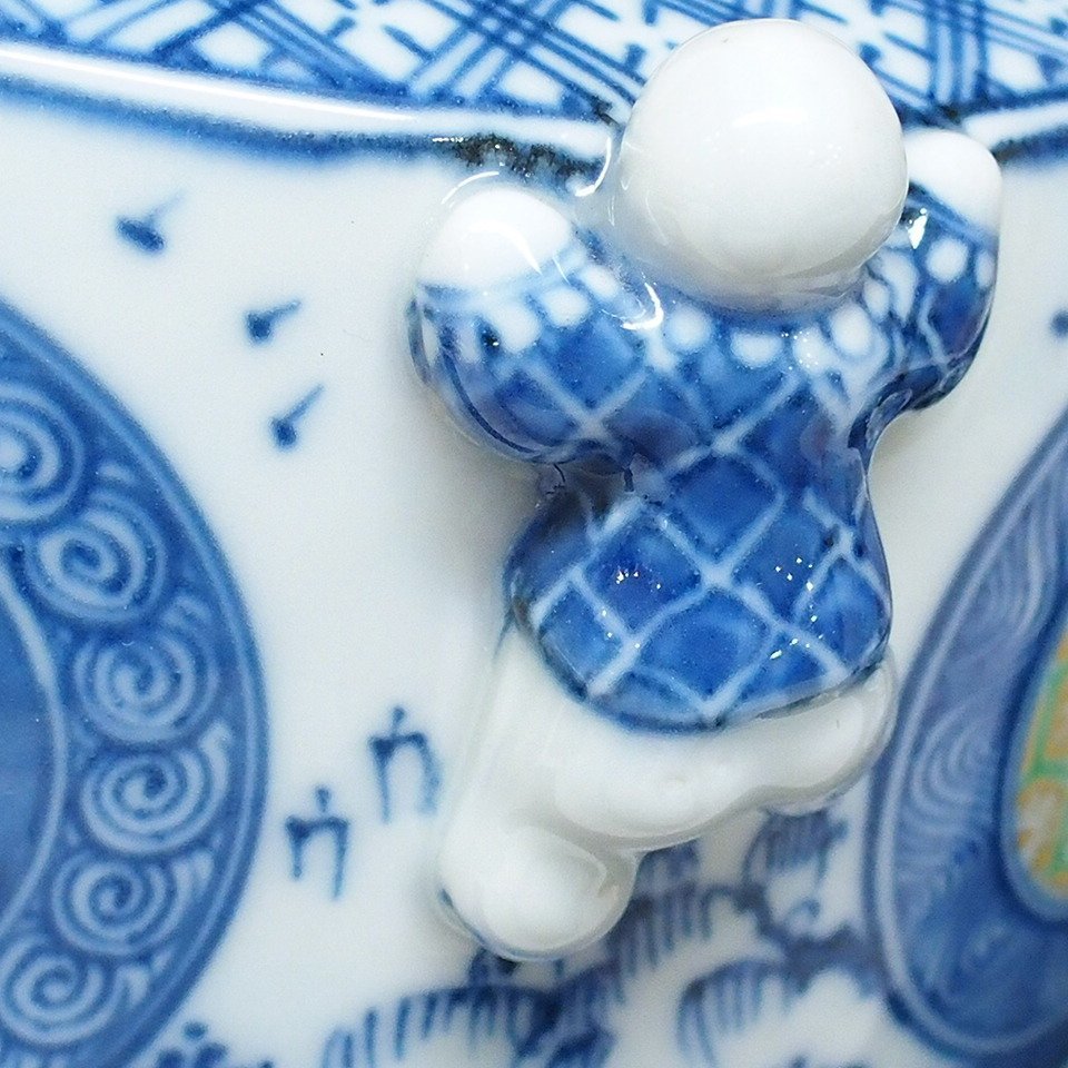 m001 X 平安秀峰造 色絵二閑人 水指 共箱 茶道具 祥瑞 福禄寿 吉祥柄