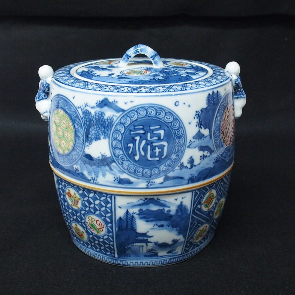 m001 X 平安秀峰造 色絵二閑人 水指 共箱 茶道具 祥瑞 福禄寿 吉祥柄