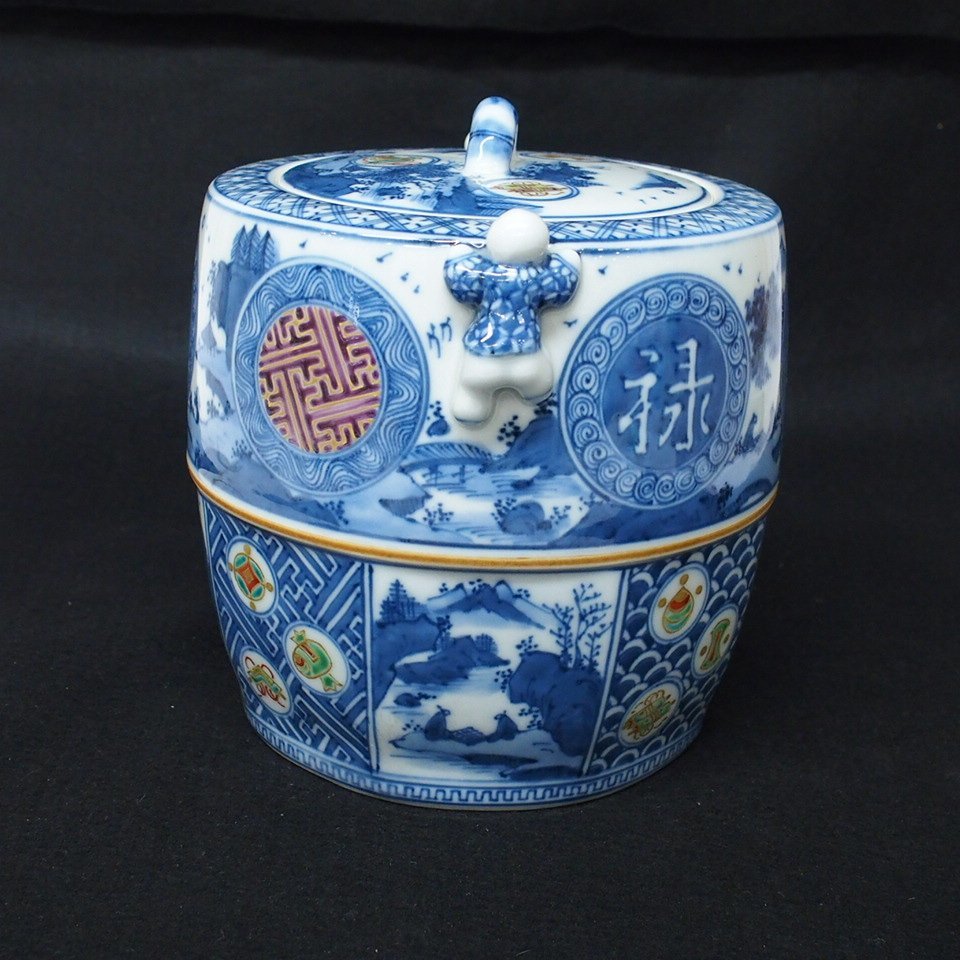 m001 X 平安秀峰造 色絵二閑人 水指 共箱 茶道具 祥瑞 福禄寿 吉祥柄
