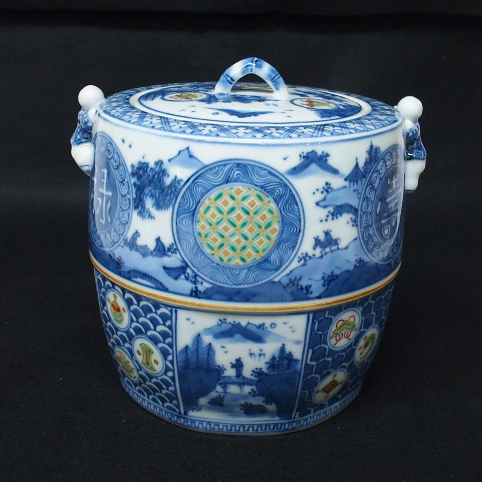 m001 X 平安秀峰造 色絵二閑人 水指 共箱 茶道具 祥瑞 福禄寿 吉祥柄