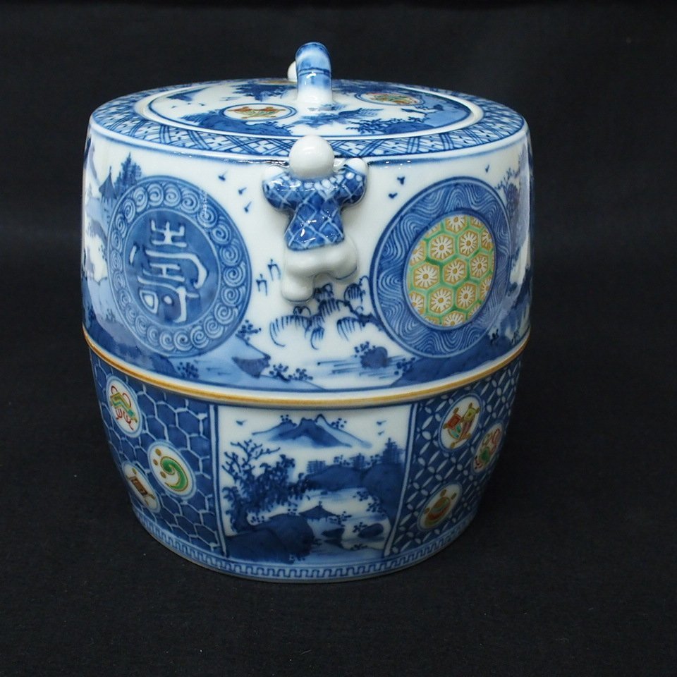 m001 X 平安秀峰造 色絵二閑人 水指 共箱 茶道具 祥瑞 福禄寿 吉祥柄