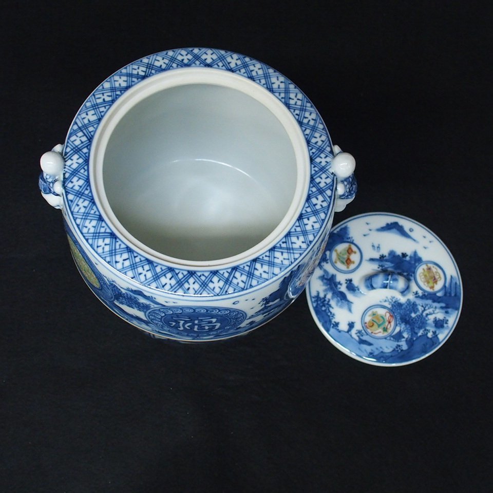 m001 X 平安秀峰造 色絵二閑人 水指 共箱 茶道具 祥瑞 福禄寿 吉祥柄