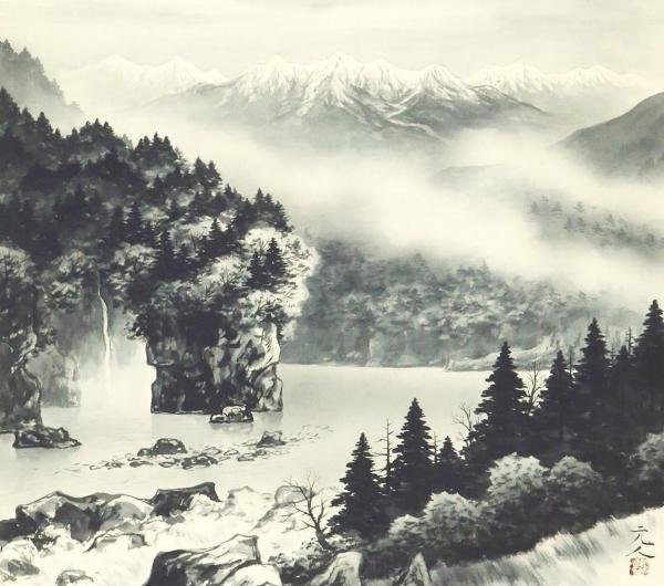 真作 WISH 杉原元人 奥利根 日本画 掛軸 絹本 共箱 二重箱 〇日展参与 勲四等瑞宝章 県文化功労者 文部大臣賞 #22110074 ...