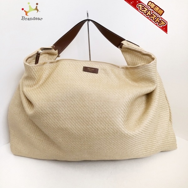 ジミーチュウ JIMMY CHOO ハンドバッグ - ストロー×レザー ベージュ×ブラウン バッグ