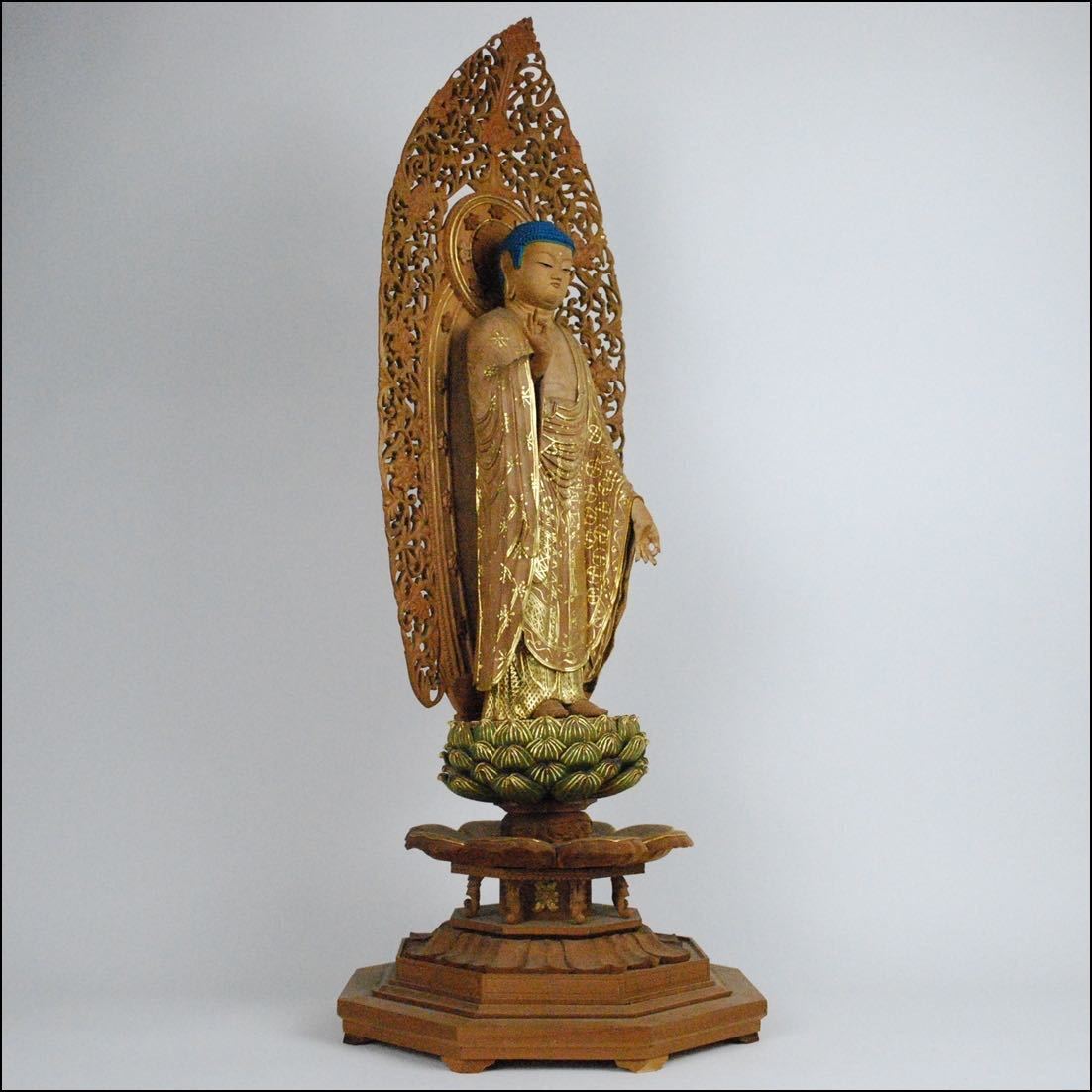 阿弥陀如来　仏像　玉眼　木彫 仏教美術 彩色木彫 金彩 玉眼 阿弥陀如来立像 仏像 高：78cm 寺院神社
