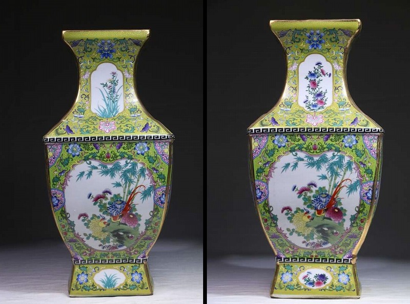 大清乾隆年 琺瑯彩 描金 花鳥図四方瓶 花瓶 花器 賞瓶 高46cm B09I05A