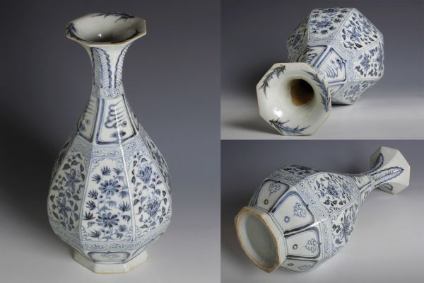7776 中国陶器 染付 青華花唐草文八方瓶 面取瓶 花瓶 花入 茶道具 華