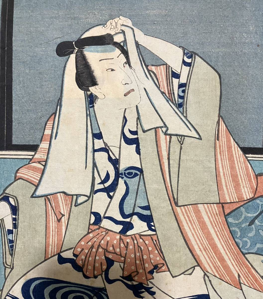 浮世絵 二代目 真作歌川国貞「大工 三枚続」本物 歌川国貞 市村座見立