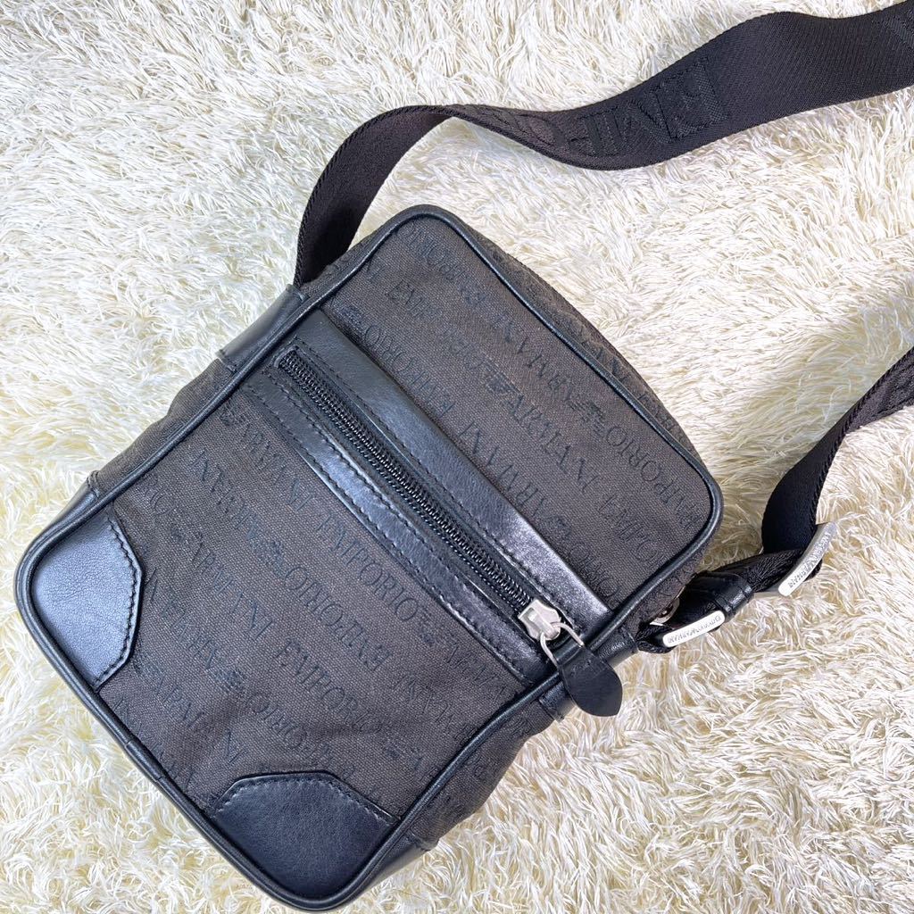 1円【美品・超稀少】EMPORIO ARMANI エンポリオアルマーニ ショルダーバッグ サコッシュ ロゴジャガード レザー キャンバス ブラック 黒