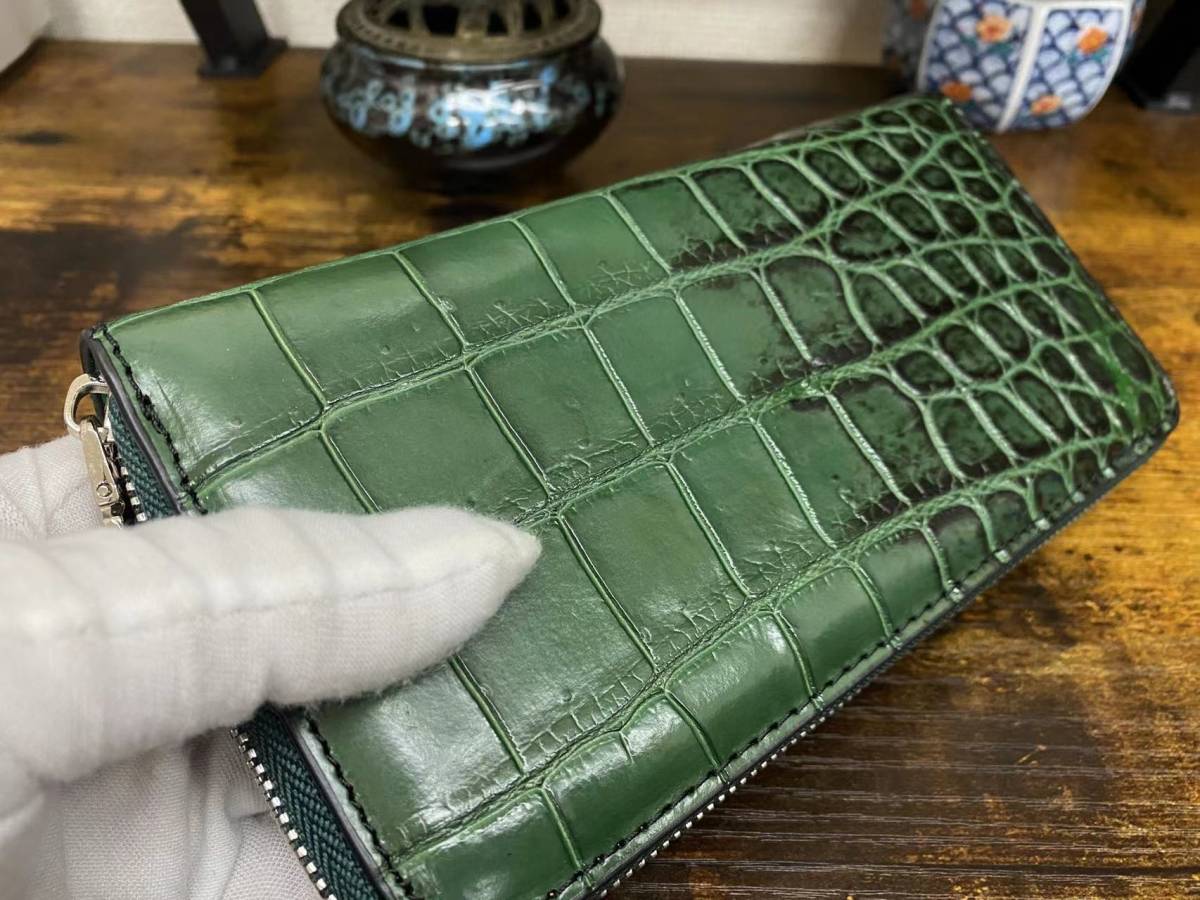 訳あり【グリーン】クロコダイル ワニ革 腹革 長財布 ラウンド 