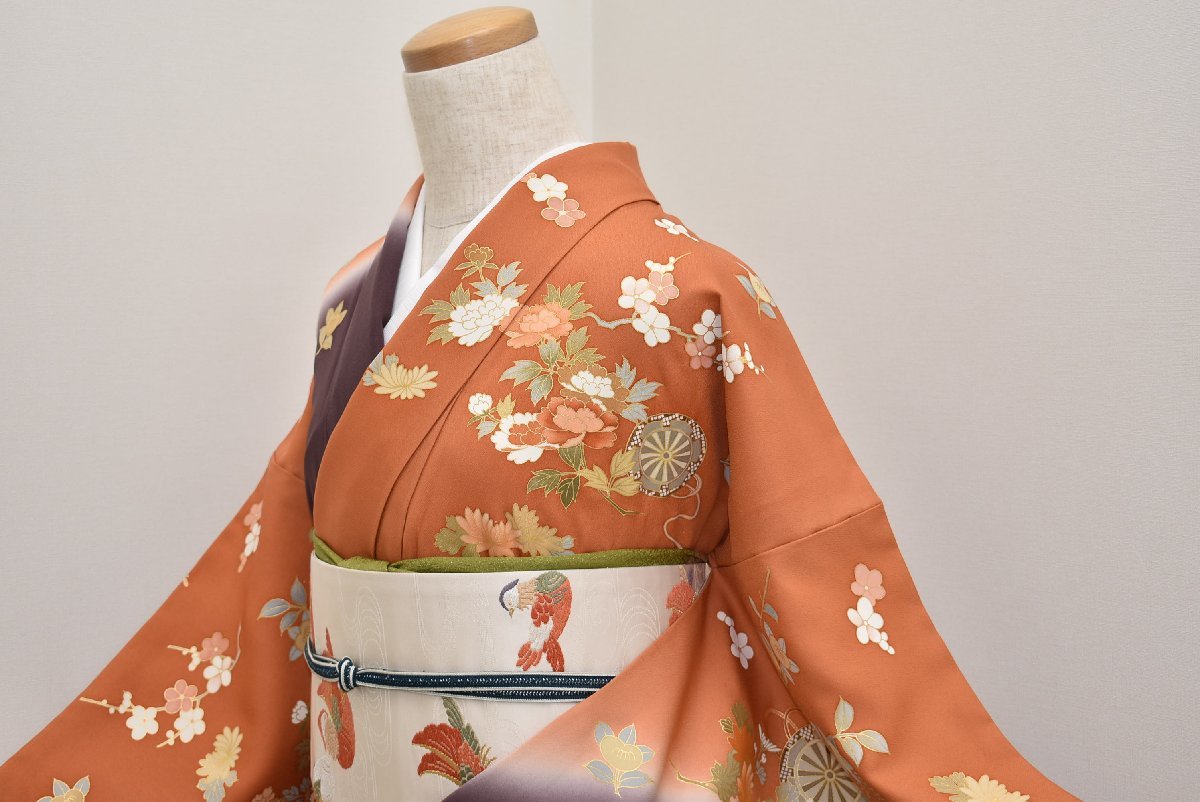  ちどりや 正絹 訪問着 袷 広衿 身丈168cm/裄68cｍ TL寸 千總 源氏車 四季の花 金駒刺繍 柿色&times;こげ茶 G181(仕立て上がり)｜売買されたオークション情報、yahooの商品情報をアーカイブ公開 - オ 仕立て上がり