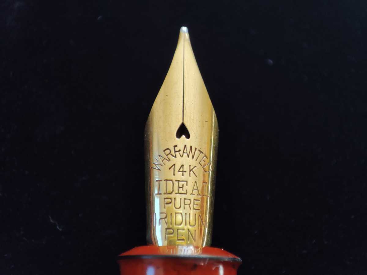 朱色 漆塗り 戦前 万年筆 14K 国産 インク止め式 ヴィンテージ 