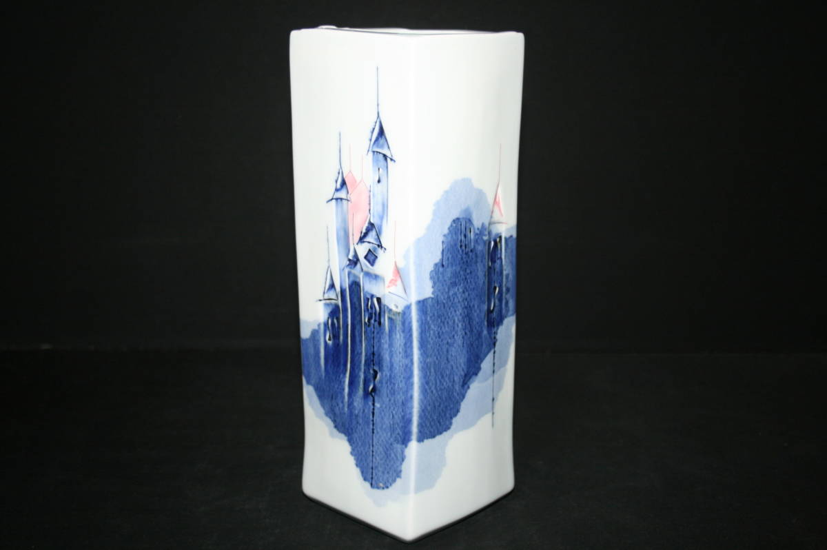 日展作家／辻毅彦／染付／西洋風景／聖／角型花瓶／未