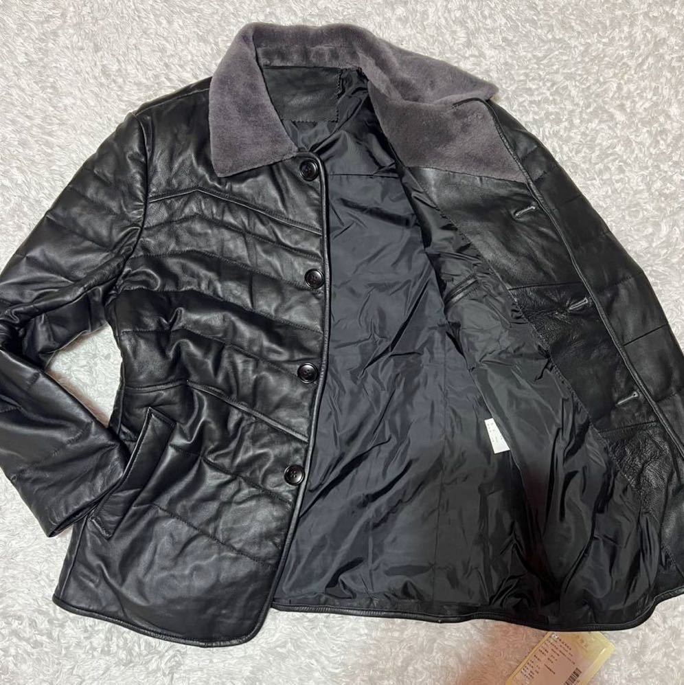 【レザー纏う男の品格】新品未使用　羊革　レザーダウンジャケット　中綿ジャケット　フェザー　襟元ウールファー　レザージャケット　50