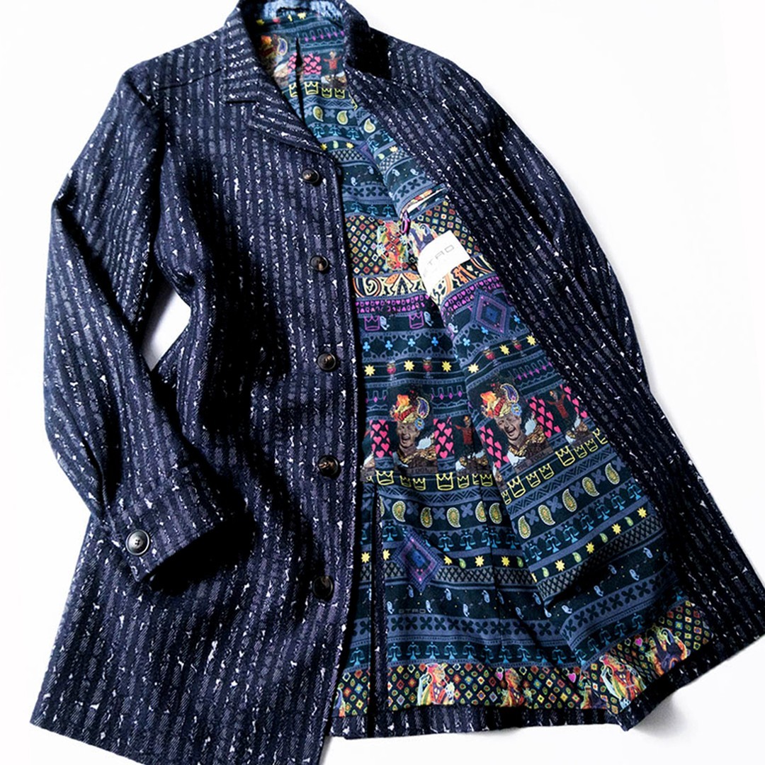 ■2212.G1.53■【極美品!!】40万 エトロ/ETRO「最高峰カシミヤ素材」匠のデザインストライプ◎裏地アートプリント絹100%◎ コート メンズ S
