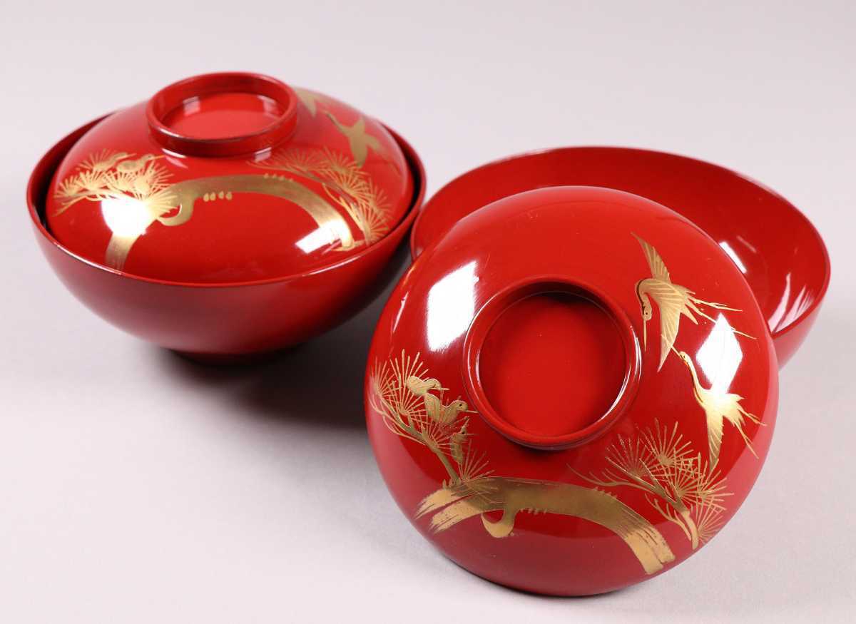 華29】輪島塗 朱塗松に鶴金蒔絵御吸物椀 二客 伝統工芸品