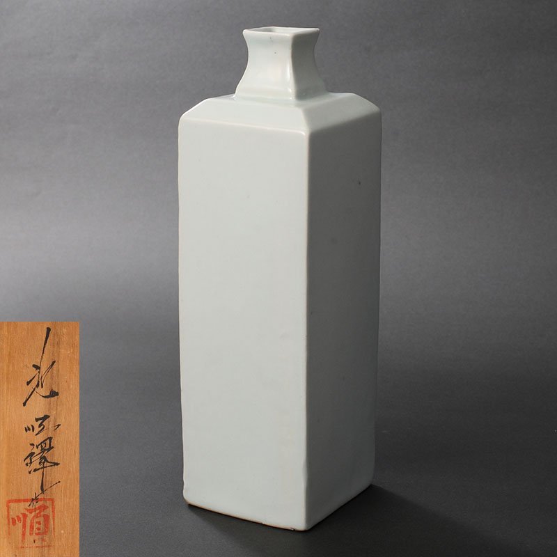 委託HK◇池順澤 白磁角徳利 共箱 (白磁 角徳利 徳利 酒器 茶道具