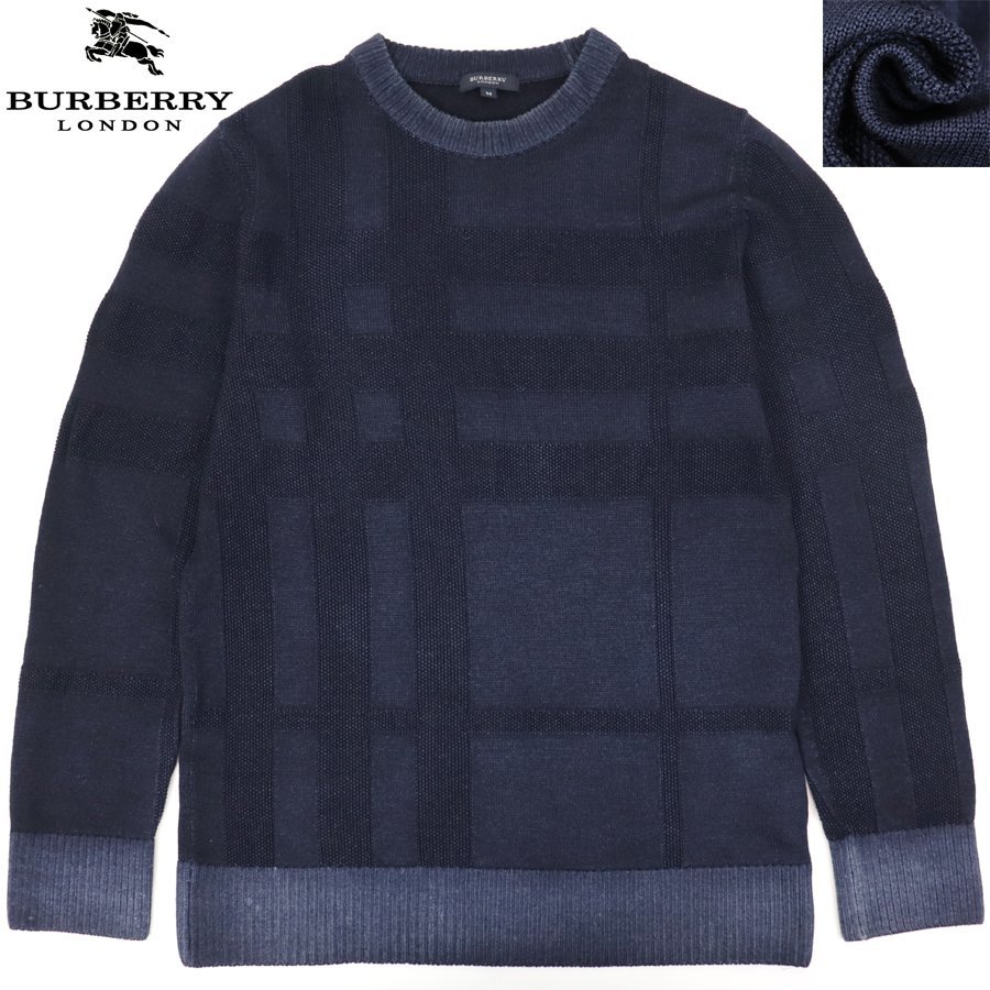 美品 三陽商会 BURBERRY LONDON バーバリー インディゴ染 ウール100％ クルーネック ニットセーター M メンズ 日本製