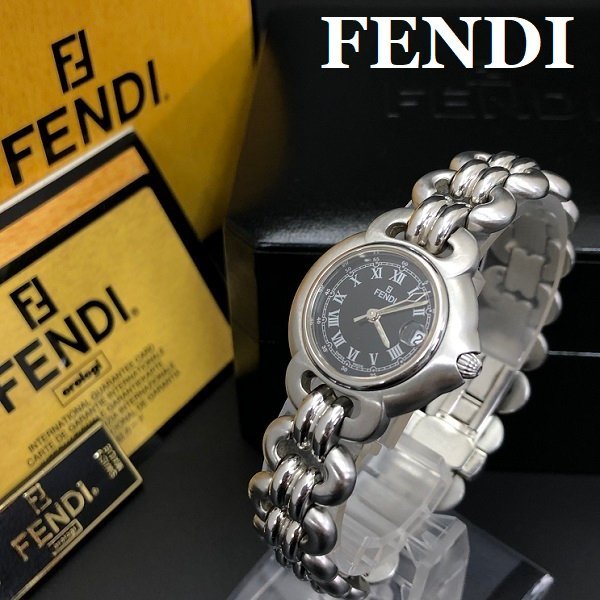 美品 稼動品 FENDI フェンディ 1600L レディース 腕時計 BT交換済 Gカード/箱/保証書 黒文字盤 SS QT ウォッチ 正規品 本物保証 最落無