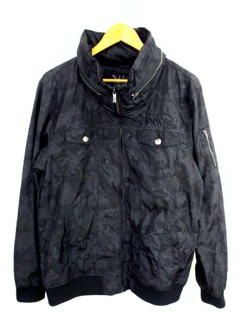 Norton ノートン ナイロンジャケット ブルゾン ジップアップ 迷彩 カモフラ 刺繍 スタンドカラー 襟フード収納 黒 グレー サイズXL メンズ