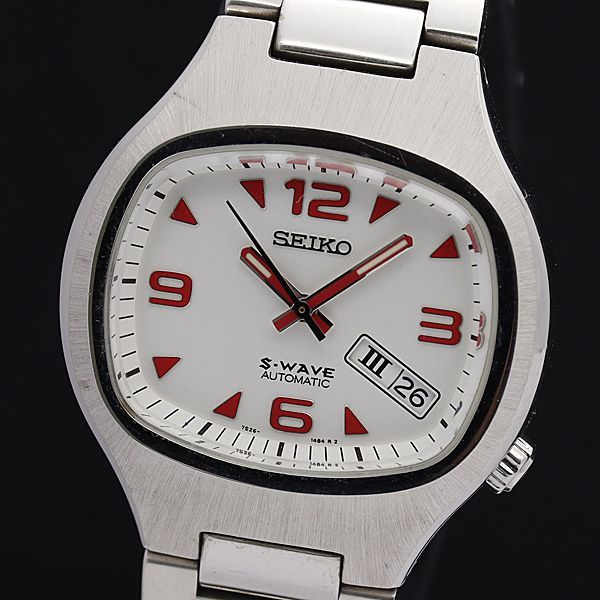 1円 稼働 良品 セイコー AT/自動巻 7S26-5010 S-WAVE 白文字盤 デイデイト 裏スケ メンズ腕時計 0594000★