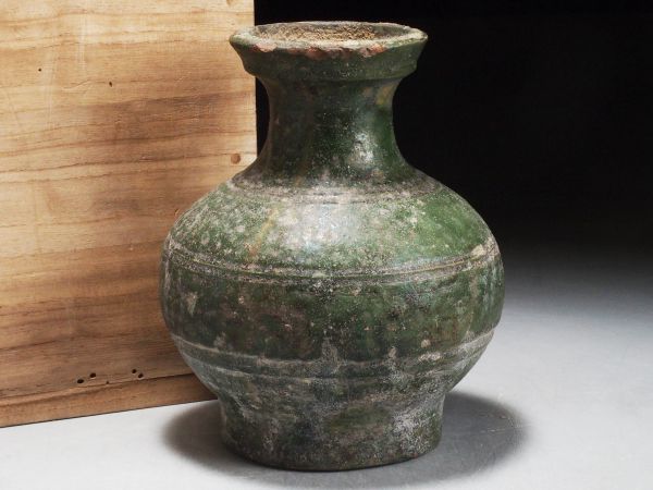 U376. 中国古玩 漢代 緑釉瓶 花瓶 花器 壷 高16cm 合箱付属 / 陶器陶芸
