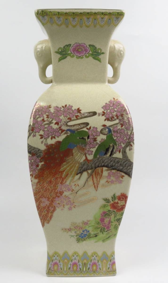 1862 薩摩焼　花鳥図　沈香壺　飾壺　高38cm  時代物 沈香壺 約130cm 薩摩焼 大壷 特大 花瓶 葵紋 飾り壺 金襴手金彩 花鳥鶴