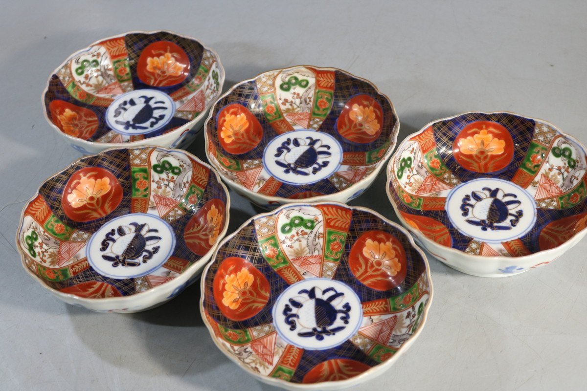 e1493 古伊万里 色絵 小皿 5枚 鶴 銘々皿 径13cm ○e1493 古伊万里