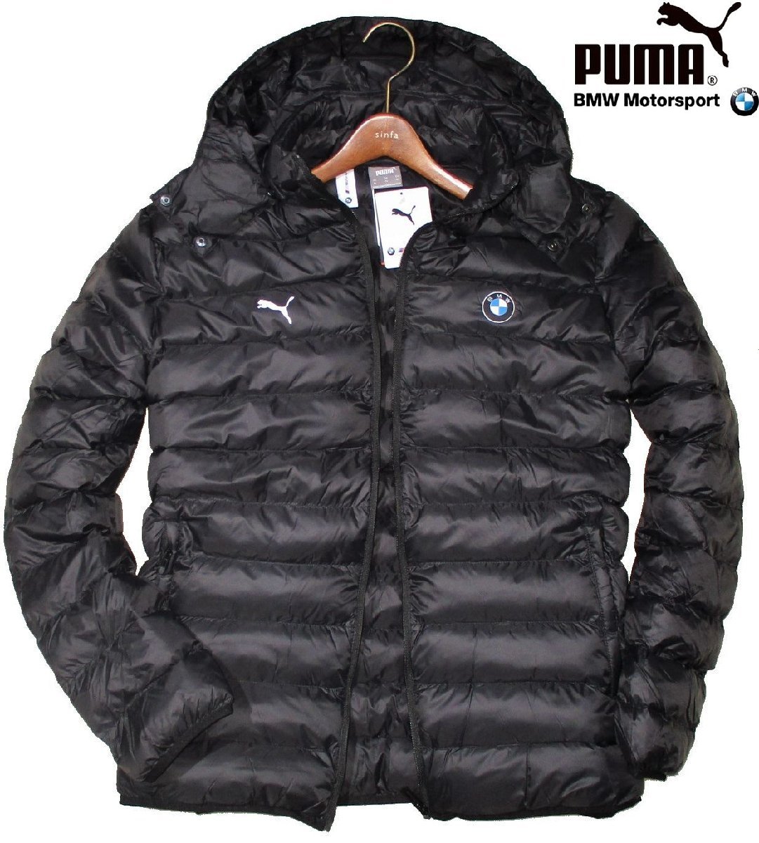 新品 日本サイズ L 定価1.54万▼ PUMA × BMW Motorsports フード付き 中綿入り ダウン調 ジャケット 黒 ダウンジャケット メンズ プーマ