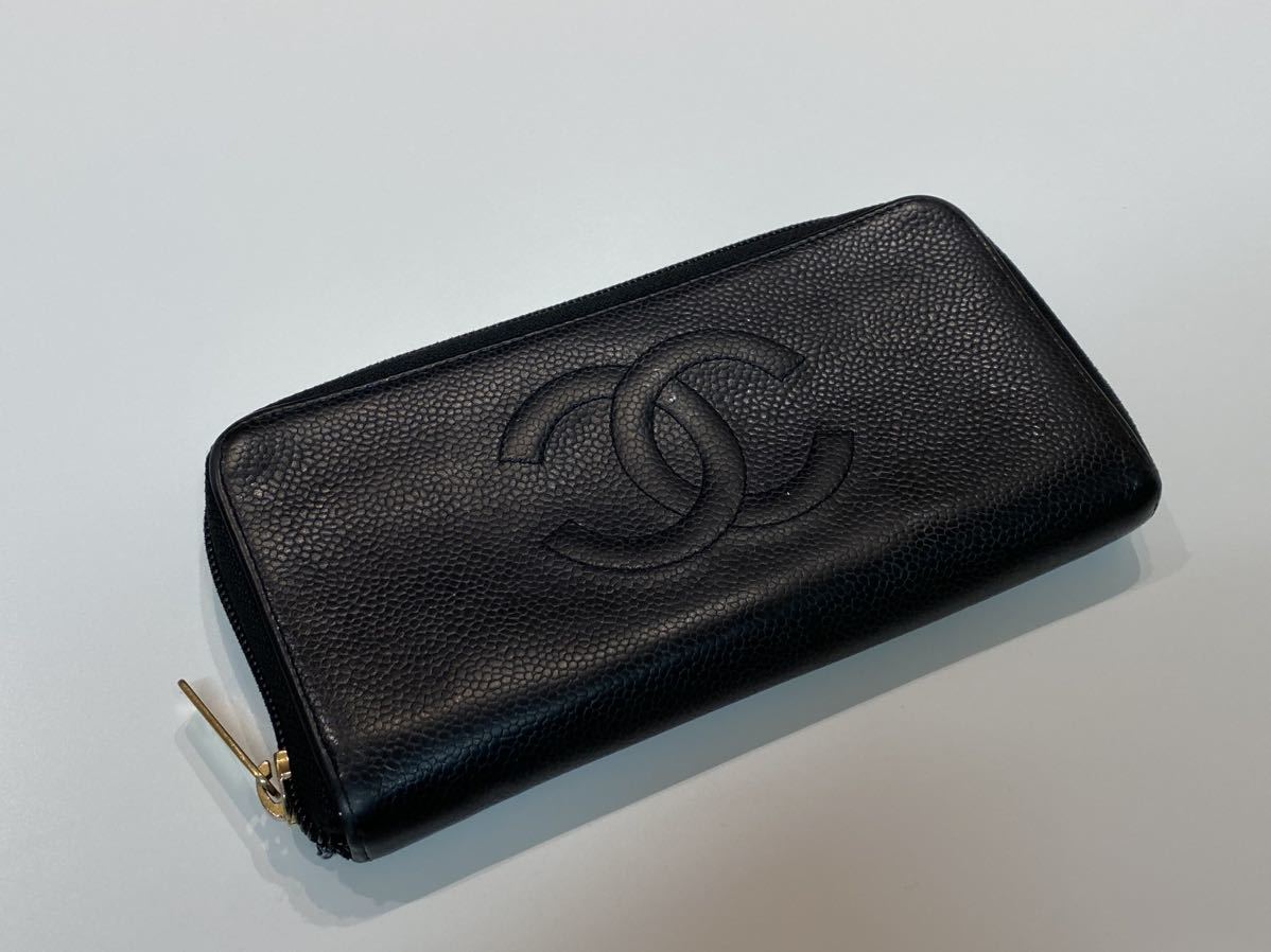 正規品CHANEL シャネル キャビアスキン ココマーク ラウンドファスナー 長財布 ブラック 売り切り 本物