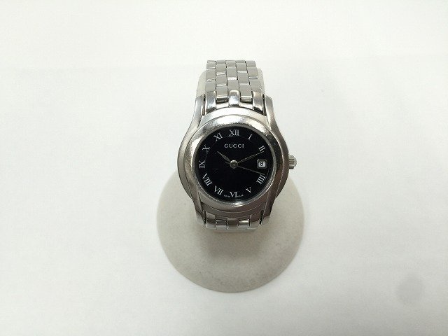 キングラム[07] GUCCI グッチ 5500L デイト レディース クォーツ 腕時計 黒文字盤 シルバー 電池交換済み 稼働品 【送料無料】@238