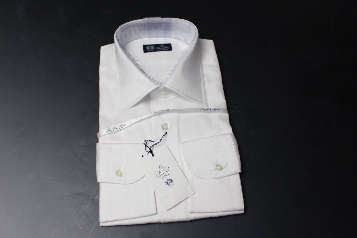 送料185円【新品】「HITOYOSHI」人吉　日本製　綿100%　ワイドカラー長袖ドレスシャツ　M(39-80)　ヘリンボーン白/ LF6-W-100(4A620