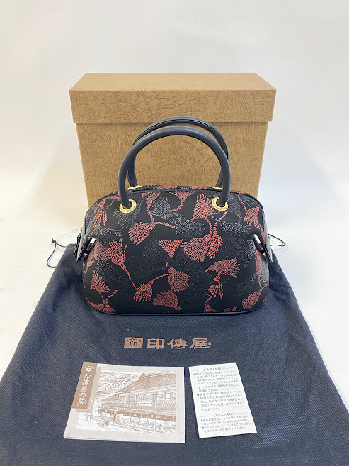 印傳屋 ハンドバッグ 組紐柄 甲州印伝 鹿革 レザーバッグ 和装小物 
