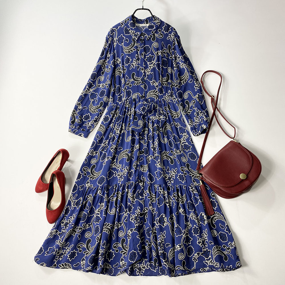 ザラ ZARA レーヨン ティアード Aライン ロング シャツワンピース 長袖 ブルー系 総柄 レディース マキシ丈 フレア US：S / JP：M size