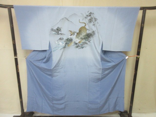 1円 良品 正絹 長襦袢 男性用 浮世絵 虎の遠吠え 笹 竹文 高級 渋