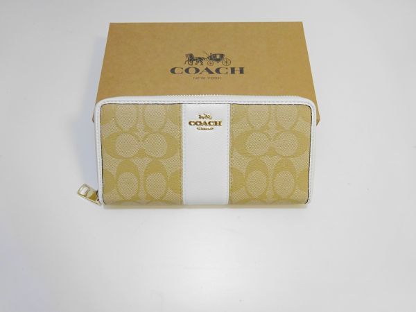 未使用 （120）コーチ coach ラウンドファスナー ジッピーウォレット 正規品 レザー 長財布 カーキ ホワイト