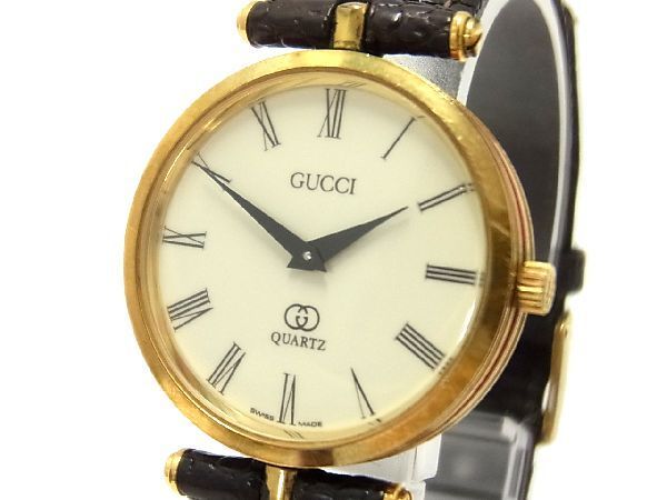 1円 ■稼働品■ GUCCI グッチ オールドグッチ ヴィンテージ シェリーライン レザー クォーツ 腕時計 ウォッチ ダークブラウン系 BC0582セM