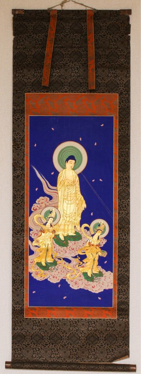 【古】257 仏画 仏教美術 阿弥陀三尊 紙本　肉筆　