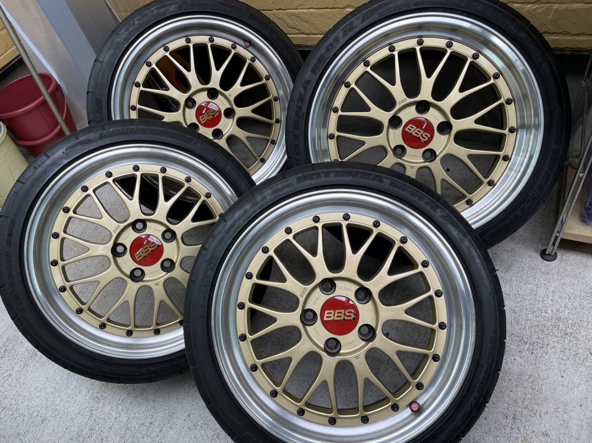 【希少】BBS LM ゴールド　F17-7.5J＋38 　R18-9J＋42　赤キャップ　5穴114.3　ポテンザRE-01タイヤ付き　S2000　NSX　RX7等