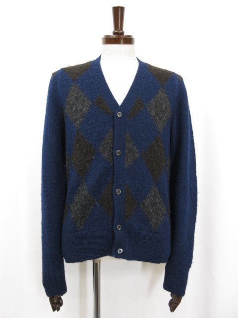 【プラダ PRADA】 アルパカ素材♪ アーガイル柄 起毛感 ニット カーディガン (メンズ) size50 ネイビー 紺 ◎10MN4106◎