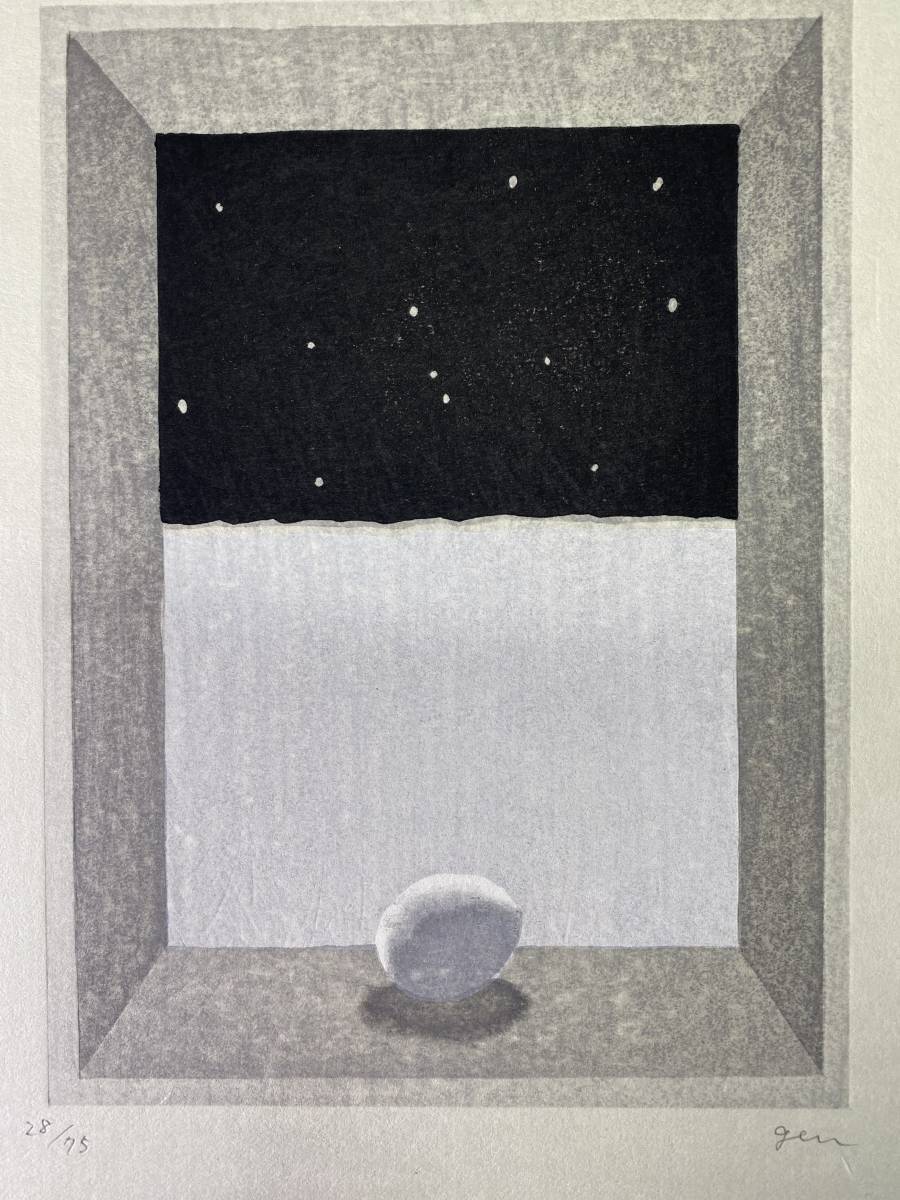 山中現　版画　影と影　作家　美術品　 直筆サイン 額装 木版画 インテリア 真作 1＃HX/M1278 模写 山中現 木版画 直筆サイン入り 28/75 透明な手