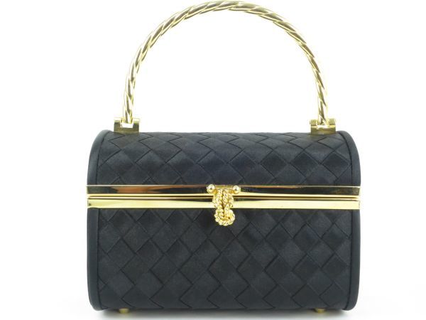 レディース　ナイロン　ハンドバッグ　ゴールド金具　メタルハンドル　編み込み　お洒落な　ブラック