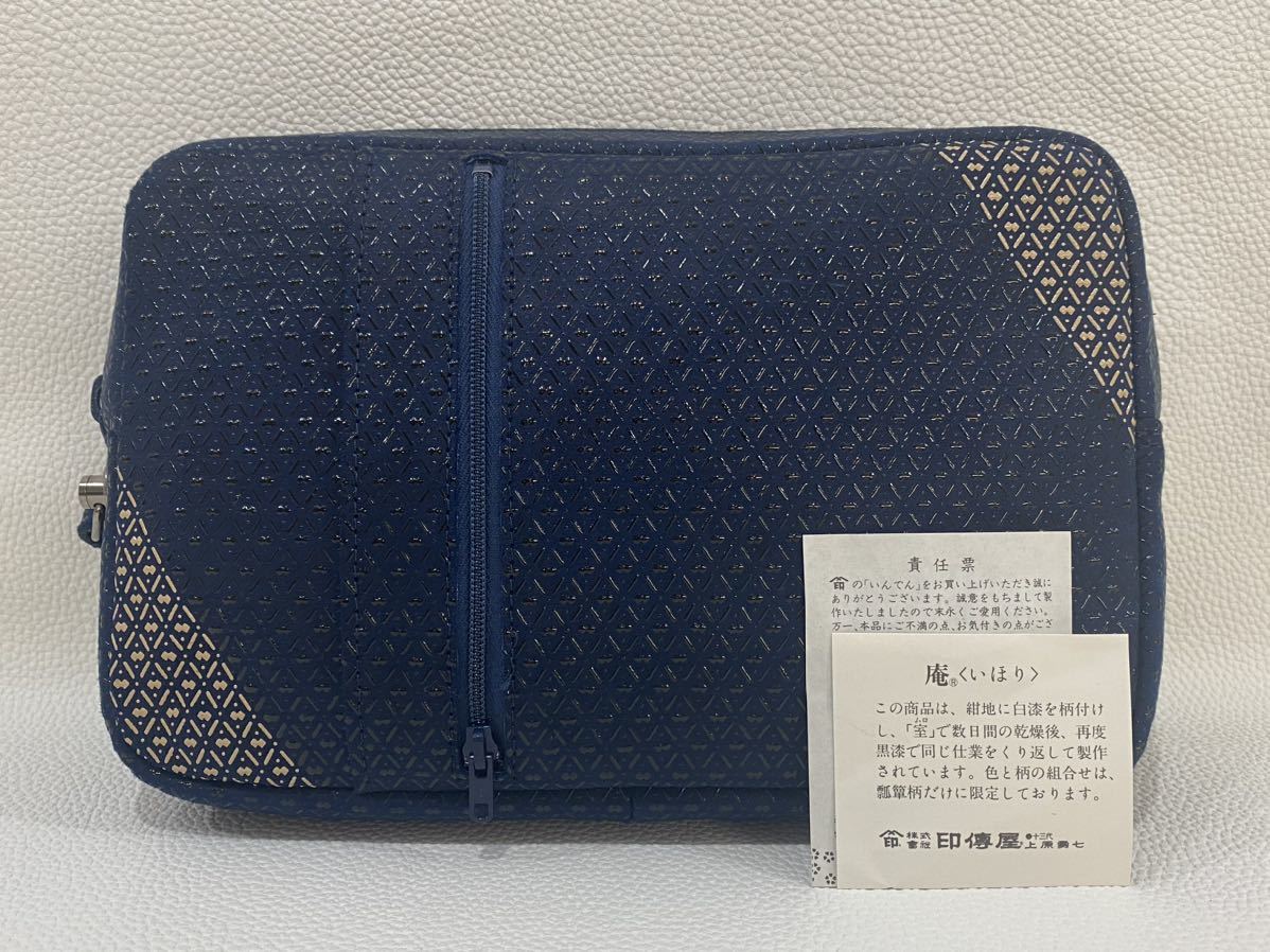 R3A337◇本物◇ インデンヤ INDEN-YA 印傳屋 鹿革×漆 ネイビー色 総柄
