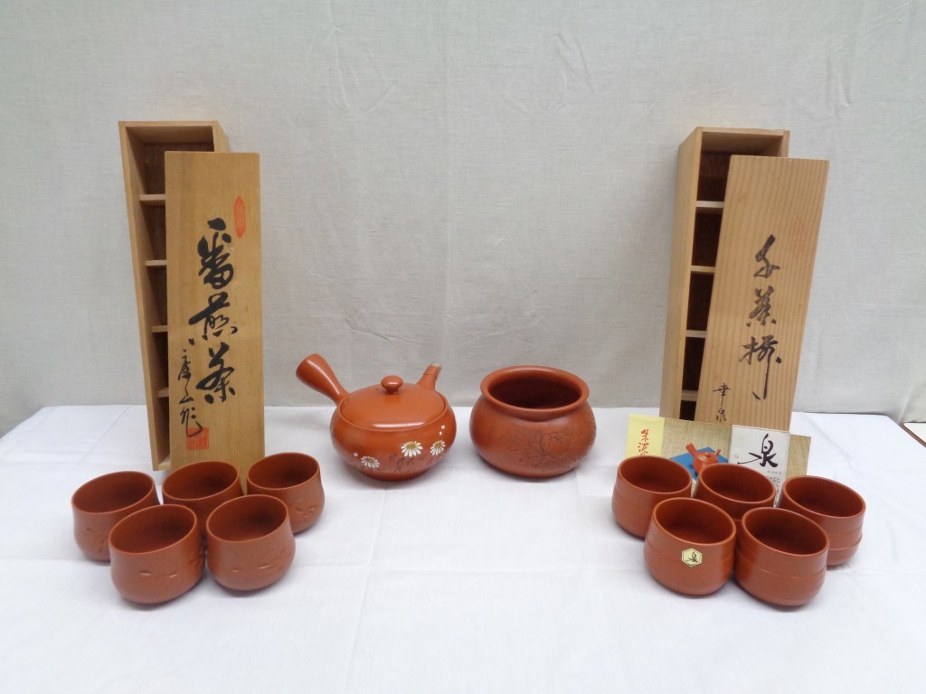 02Y004 【 中古品 】 朱泥焼 茶器セット [ 急須・茶こぼし・湯呑 10個